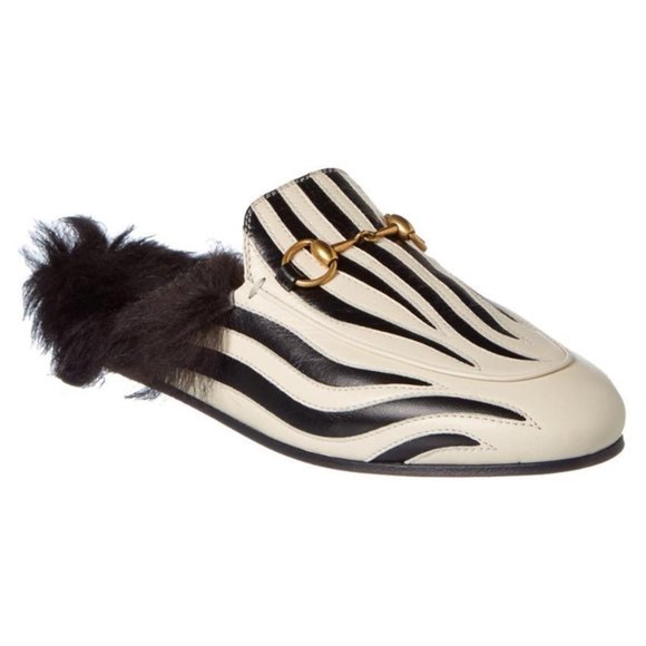 Gucci Princetown Zebra Leather Fur Flat Mule Slide Sandals Shoes Slippers - Picture 1 of 11